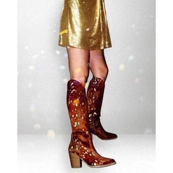 Women's Brown & Gold Speckled Heeled Cowboy Boots - Picture 5 of 6